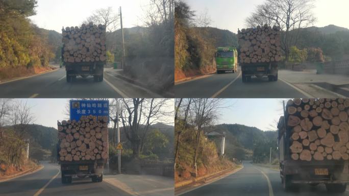 傍晚乡村道路行驶木材运输