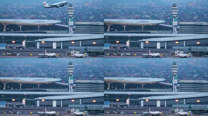 杭州萧山国际机场飞机起飞飞过航站楼