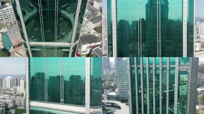 蜘蛛人大厦玻璃清洁航拍4k