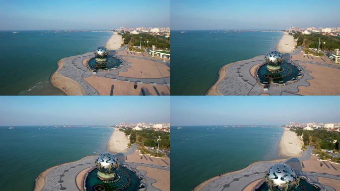 北海银滩海上日出朝阳潮雕广场城市风光航拍