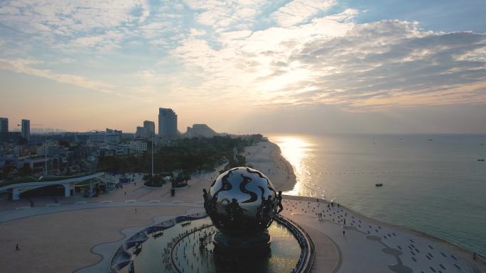 北海银滩海上日出朝阳潮雕广场城市风光航拍