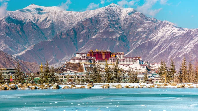 西藏拉萨布达拉宫结冰全景白天延时