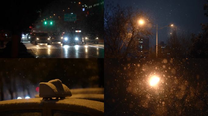 冬天夜晚下雪灯光路灯鹅毛大雪寒流雪天夜景