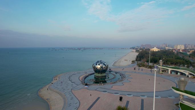 北海银滩海上日出朝阳潮雕广场城市风光航拍