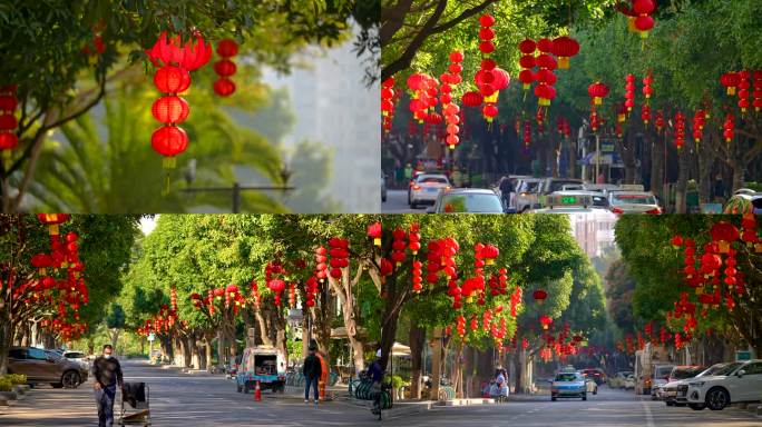 国庆过年马路两边树上喜庆红灯笼4K