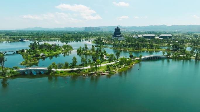 航拍蓝天下美丽的成都东安湖体育公园