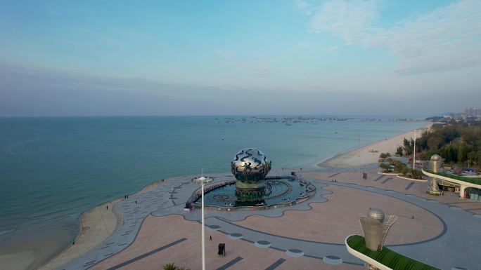 北海银滩海上日出朝阳潮雕广场城市风光航拍