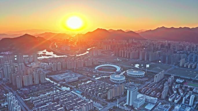 4K乐清城市市中心鸟瞰日出大景航拍