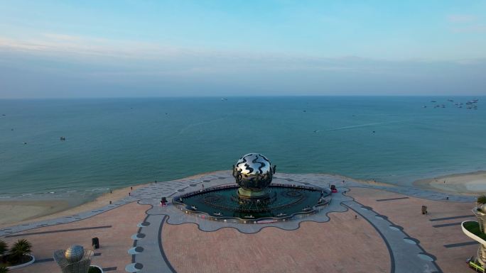 北海银滩海上日出朝阳潮雕广场城市风光航拍