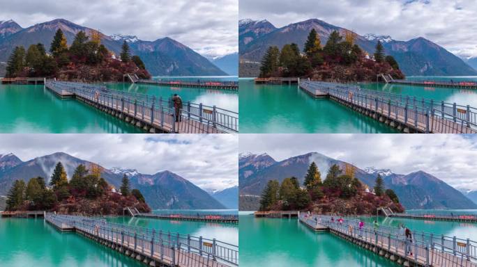 西藏林芝巴松措湖心岛白天光影全景延时