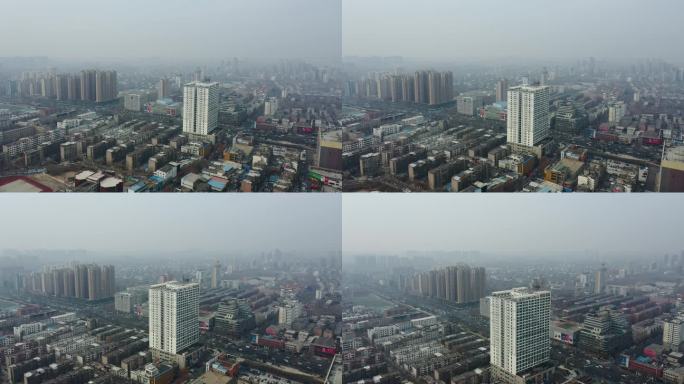 航拍雾霾天山东淄博城市风景