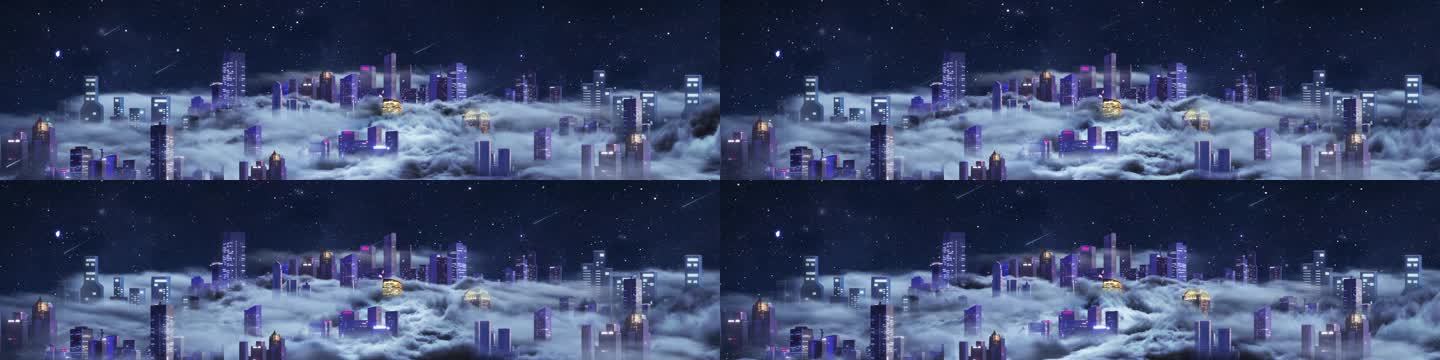夜晚空中云上城市循环背景