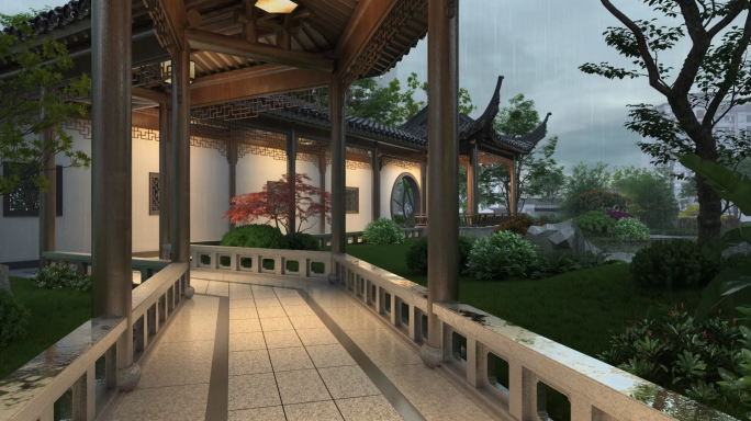 新中式园林景观连廊动画漫游