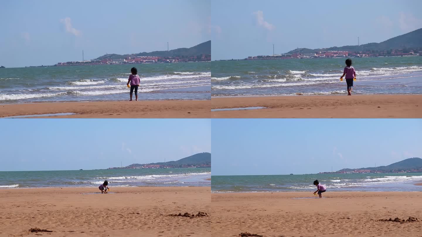 4K小孩在海边玩耍小女孩