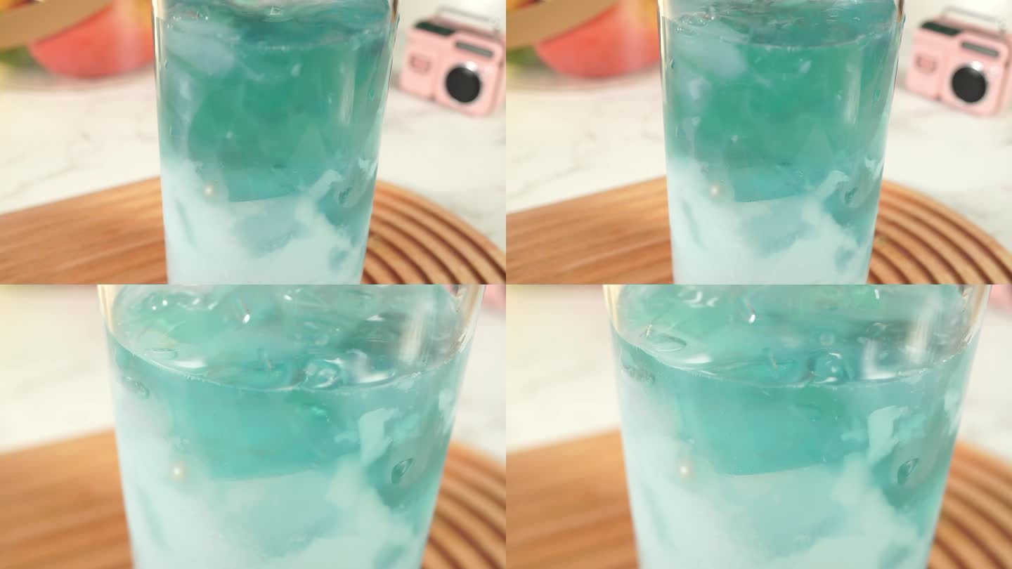 【镜头合集】饮料杯中加入蓝色布丁果冻