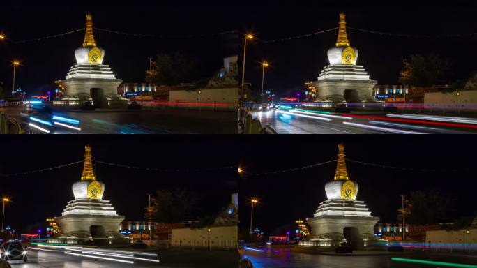 西藏拉萨白塔夜景中景大范围延时
