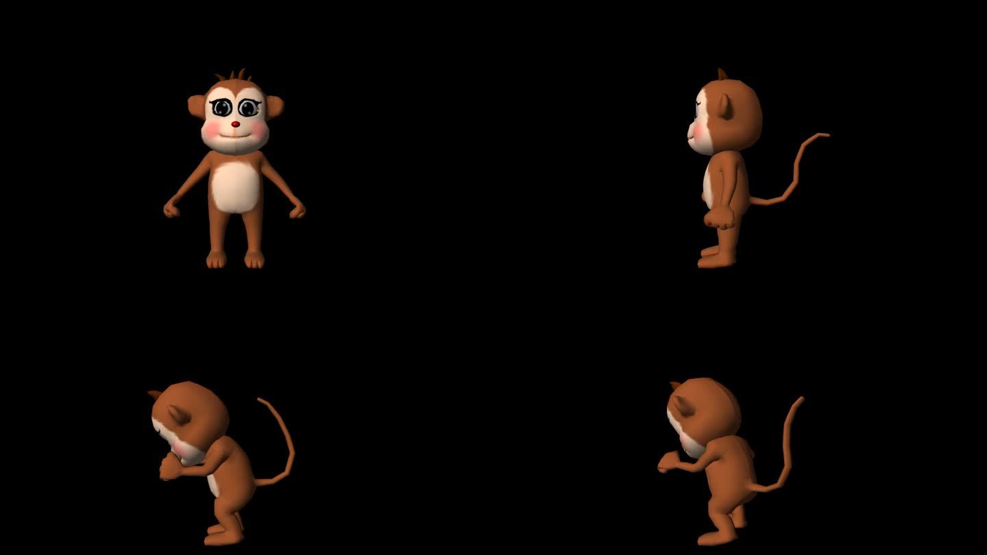 卡通猴子三维动画带透明通道转身跳跑打拳
