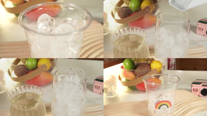 【镜头合集】在玻璃杯里倒入冰块制作冷饮