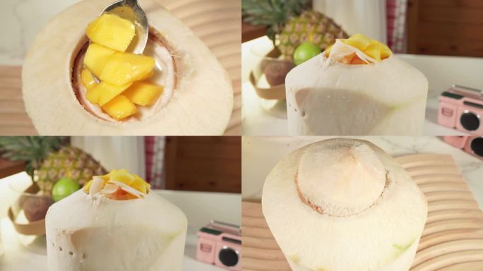 【镜头合集】椰子冻加入芒果椰子片 (1)