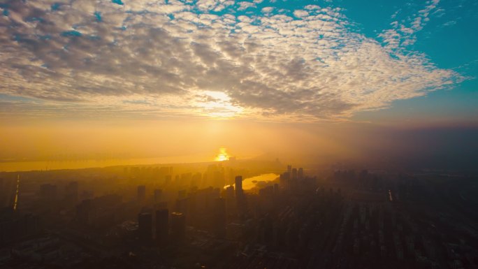 杭州航拍 钱塘区夕阳落日