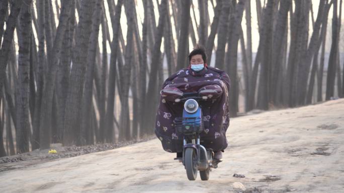 乡村林间道路上一位妇女骑着电瓶车驶过3