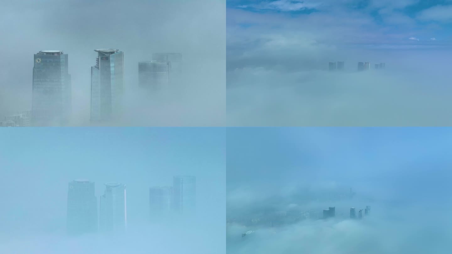 清晨笼罩在雾气下的城市市中心4K航拍
