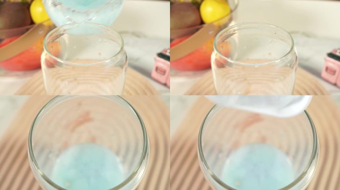 【镜头合集】蓝天白云布丁奶冻加入玻璃杯