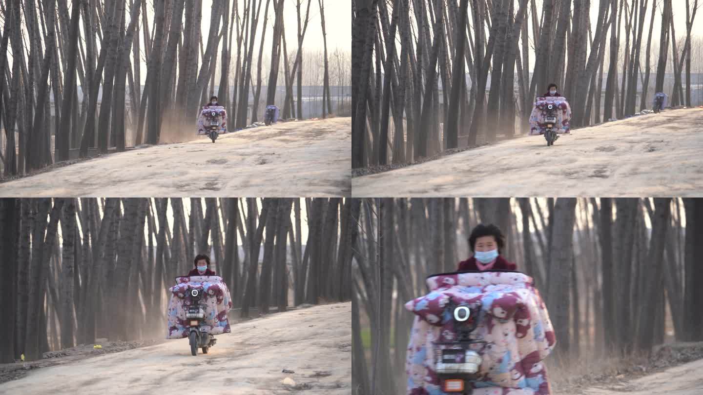 乡村林间道路上一位妇女骑着电瓶车驶过2