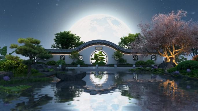 新中式园林拱门夜景动画素材