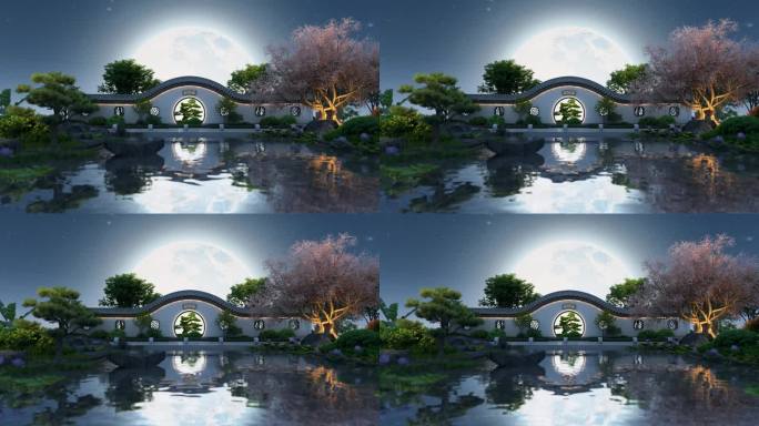 新中式园林拱门夜景动画素材