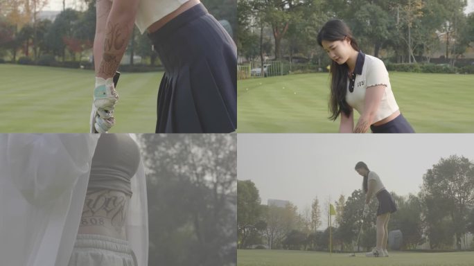 纹身亚洲美女打高尔夫