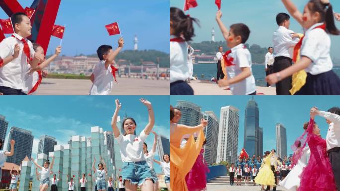 烟台滨海广场挥舞国旗少年党建跳舞