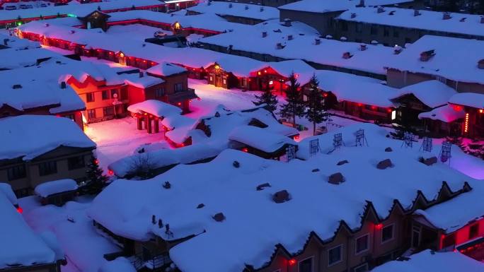 中国雪乡航拍夜景冬季森林村庄