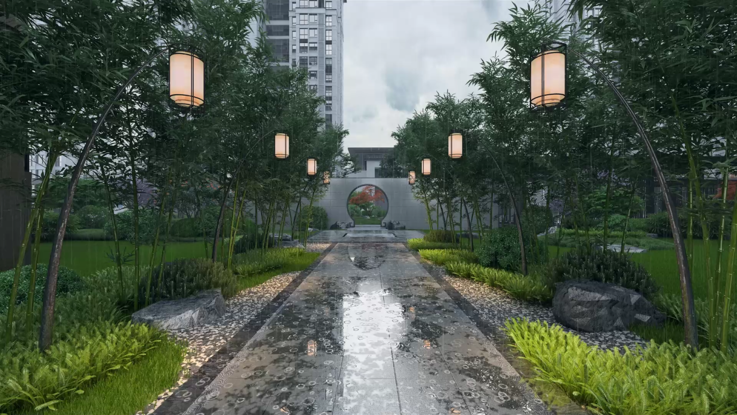 雨天江南园林景观动画素材