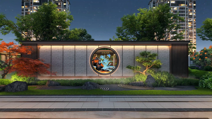 新中式园林景观夜景动画素材
