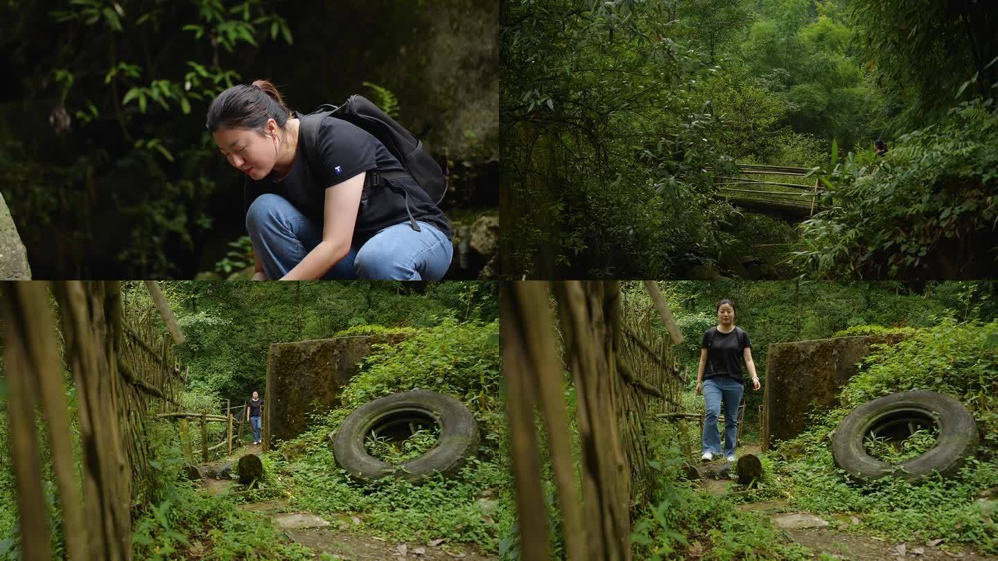 山村女支教 乡村老师 小溪河流 远行