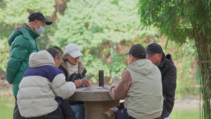 公园老年人打牌老人休闲棋牌娱乐