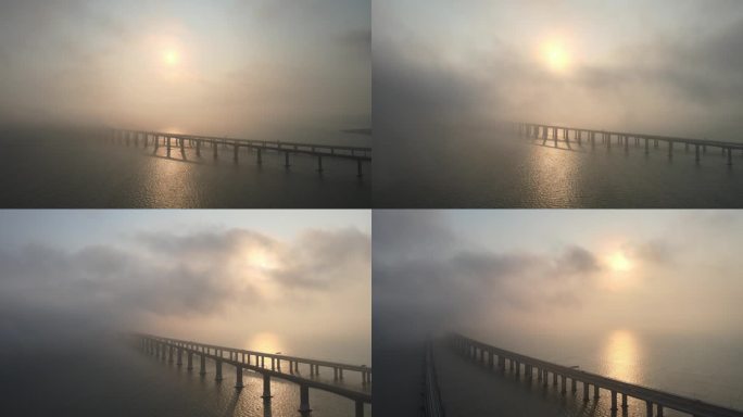 泉州湾跨海大桥平流雾航拍
