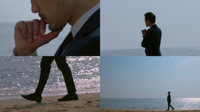 商务人士海边踱步思考