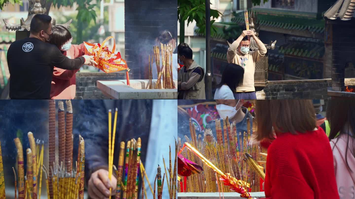 寺庙香客烧香祈福许愿上香香火旺盛