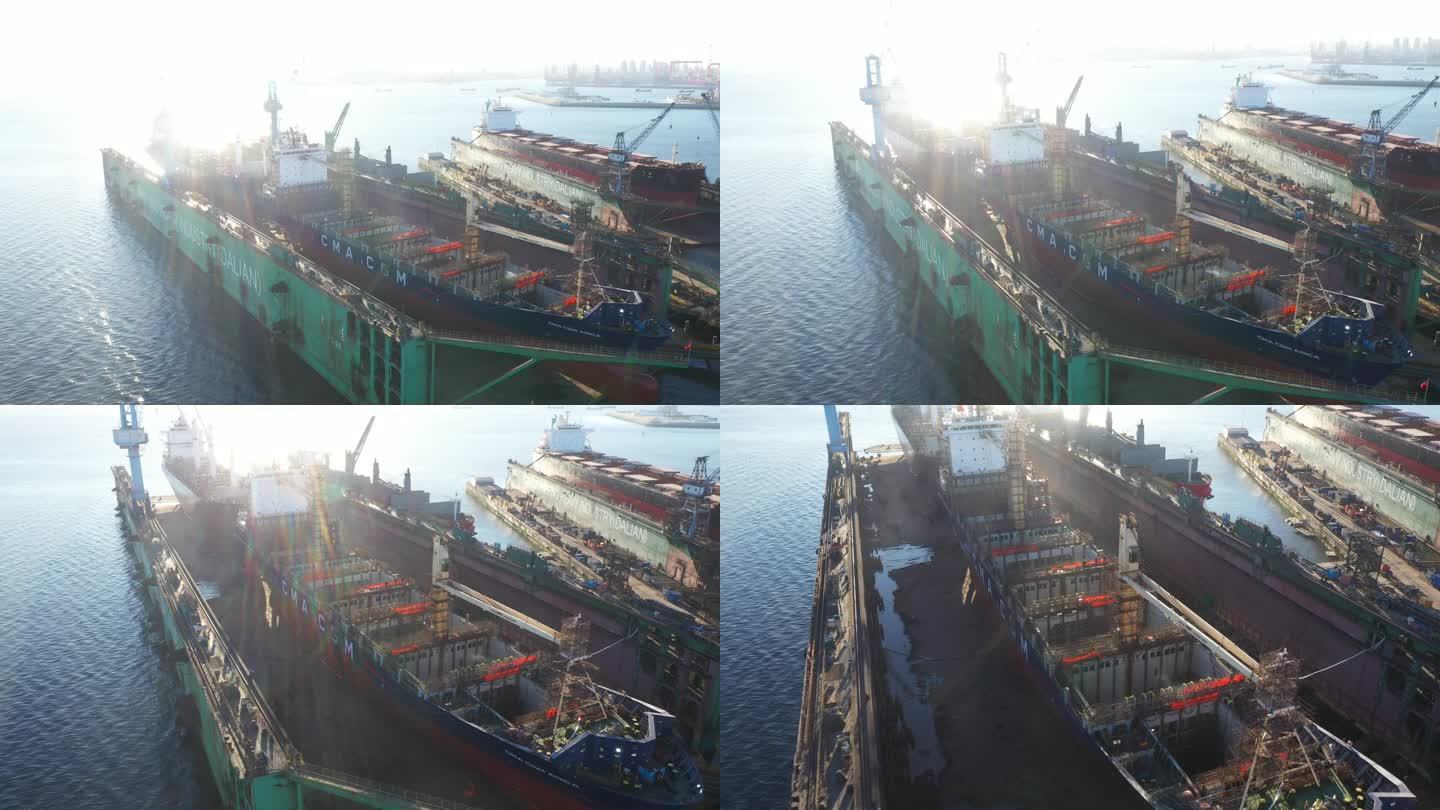 4k大连船坞造船厂货轮港口大船航拍
