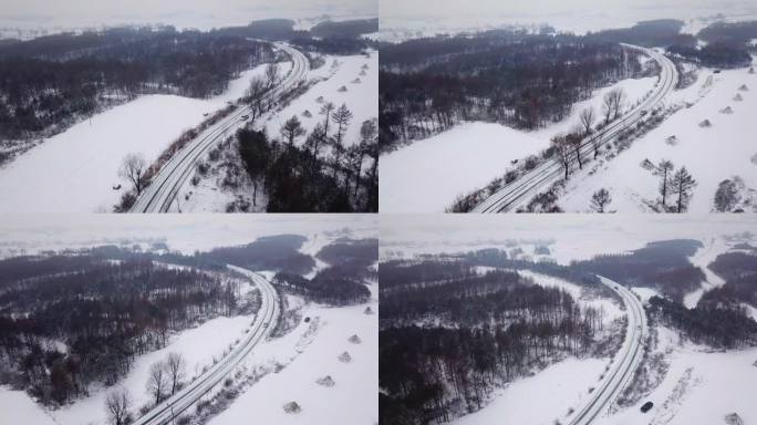 汽车在林间雪路行驶 回家路