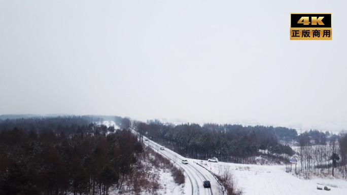 汽车在林间雪路行驶 回家路