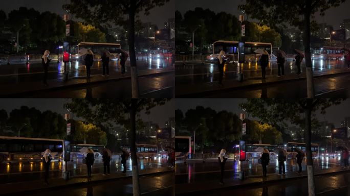 4K原创 雨夜公交站台等公交车的人