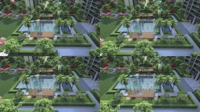 俯瞰小区中庭泳池三维动画