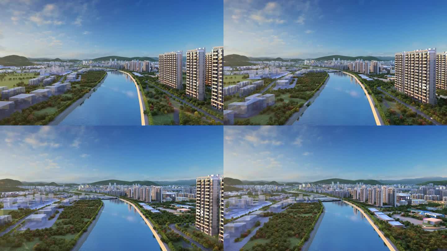 俯瞰城市江河区位三维动画