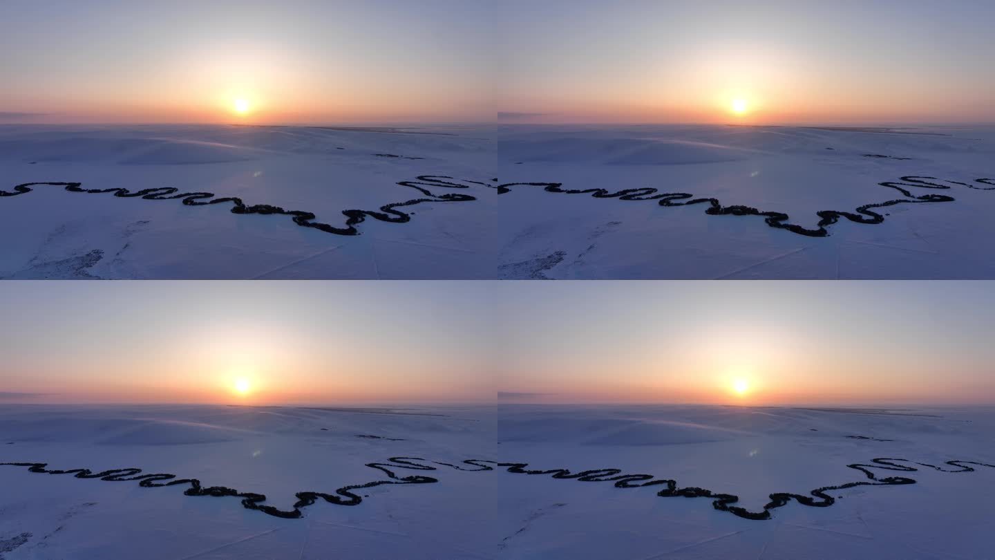 航拍内蒙古雪原特泥河暮色