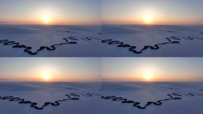 航拍内蒙古雪原特泥河暮色