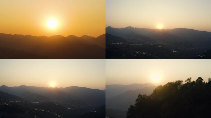 延时航拍西部山区的夕阳朝阳