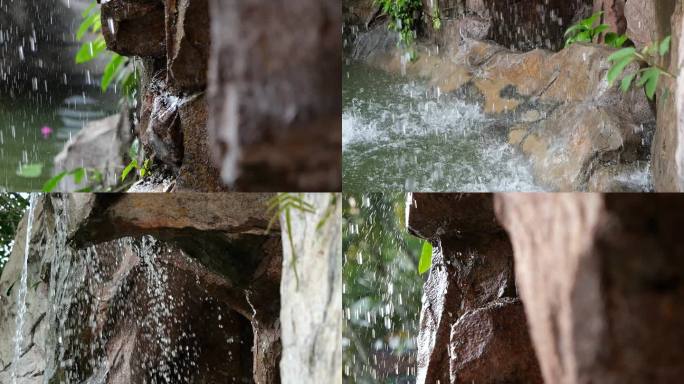 瀑布水流水滴落下雨水节气清新自然慢动作